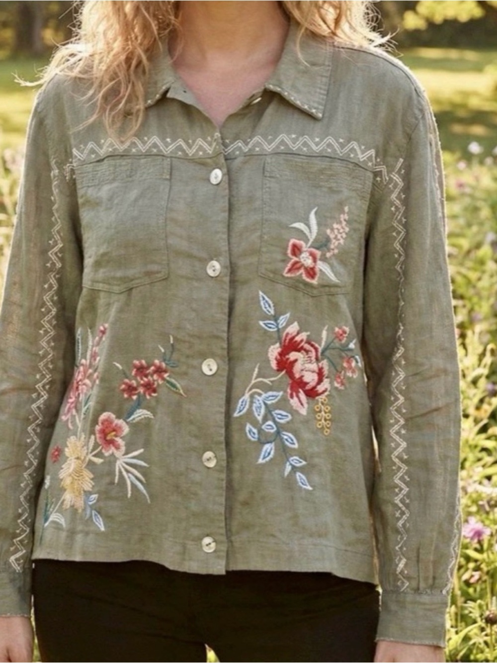 Johnny Was green linen button up - Picture 2 of 8